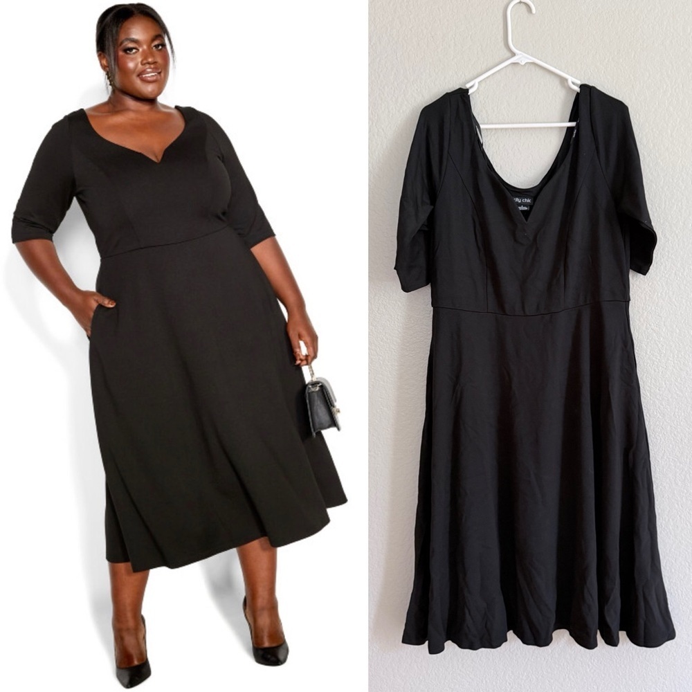City Chic Plus Size Classic Black Midi Dress Cute Girl Elbow Sleeve